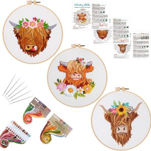 Louise Maelys 3 Sets Highland Cow Embroidery Kits for Beginners,Cross Stitch Kit for Adults,Starters DIY Needlepoint Including Embroidery Hoop Cloth Needles Instruction and Threads