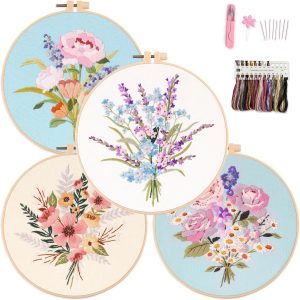 Myfelicity Embroidery Kit, 4 Flower Pattern Embroidery Set with 4 Patterns and 2 Hoops, Adult and Beginner Needlepoint Kit with Embroidery Floss, Needles, Cotton Fabric and Instructions…