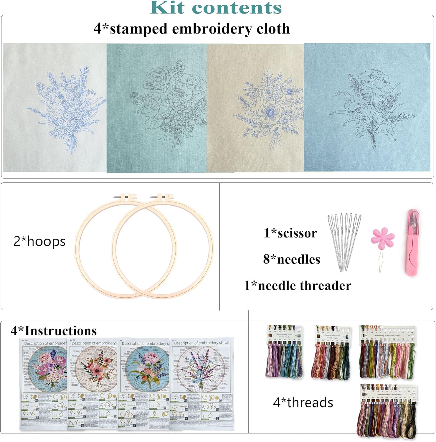 Myfelicity Embroidery Kit, 4 Flower Pattern Embroidery Set with 4 Patterns and 2 Hoops, Adult and Beginner Needlepoint Kit with Embroidery Floss, Needles, Cotton Fabric and Instructions… - Image 5