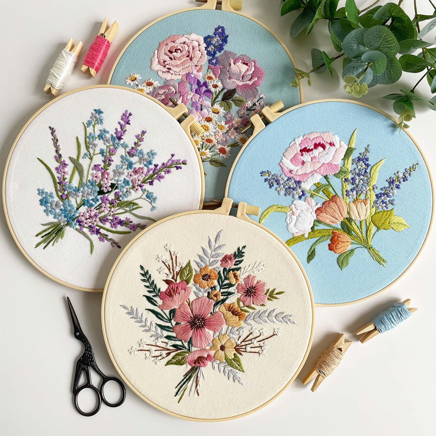 Myfelicity Embroidery Kit, 4 Flower Pattern Embroidery Set with 4 Patterns and 2 Hoops, Adult and Beginner Needlepoint Kit with Embroidery Floss, Needles, Cotton Fabric and Instructions… - Image 6