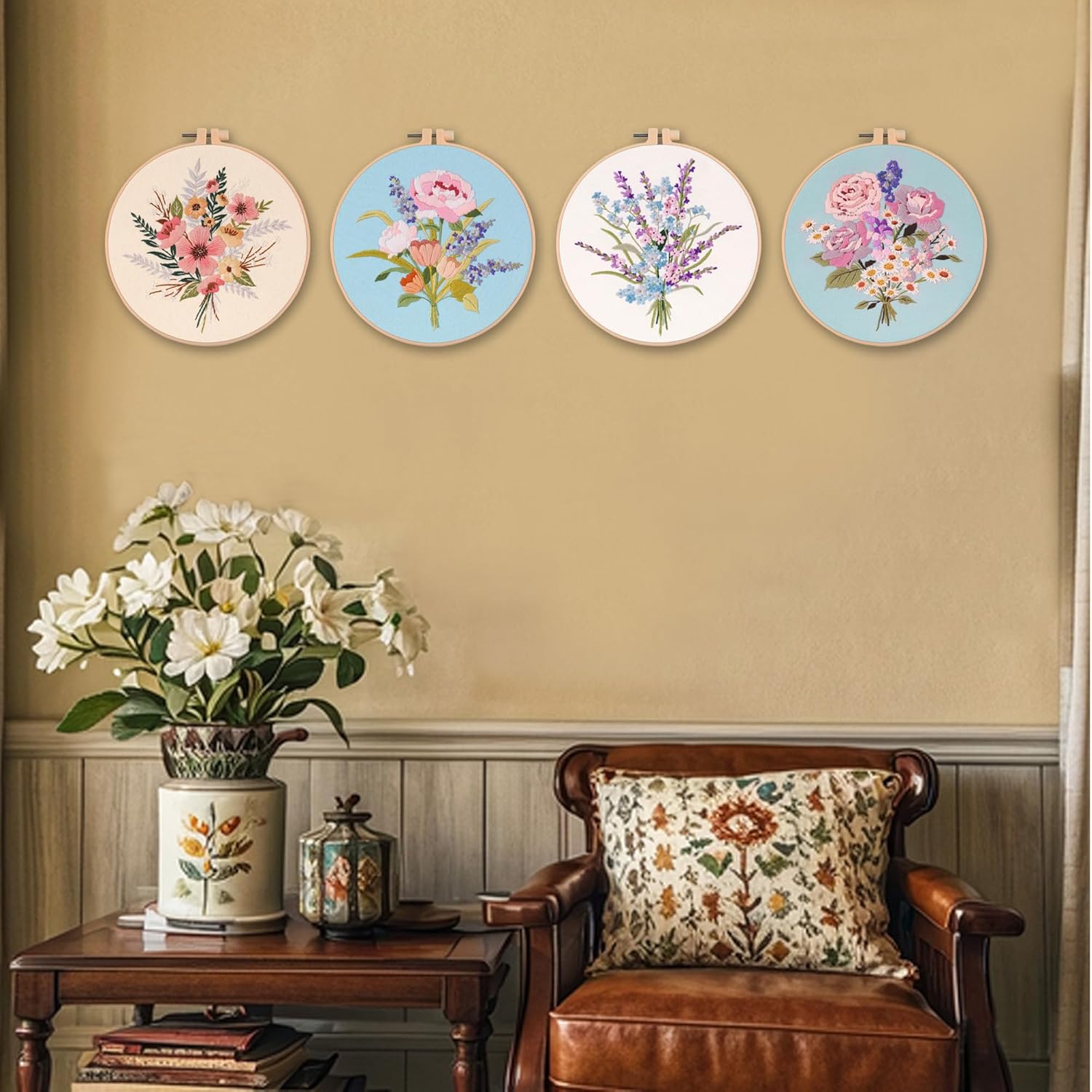 Myfelicity Embroidery Kit, 4 Flower Pattern Embroidery Set with 4 Patterns and 2 Hoops, Adult and Beginner Needlepoint Kit with Embroidery Floss, Needles, Cotton Fabric and Instructions… - Image 7